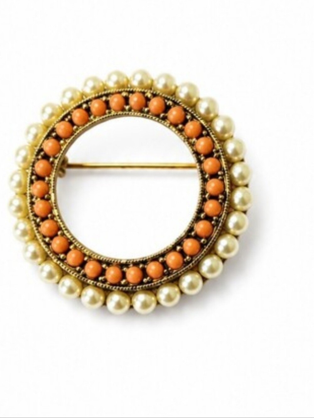 Vintage Faux Pearl Coral Circle Brooch Gold Tone Mid Century Modern Pin